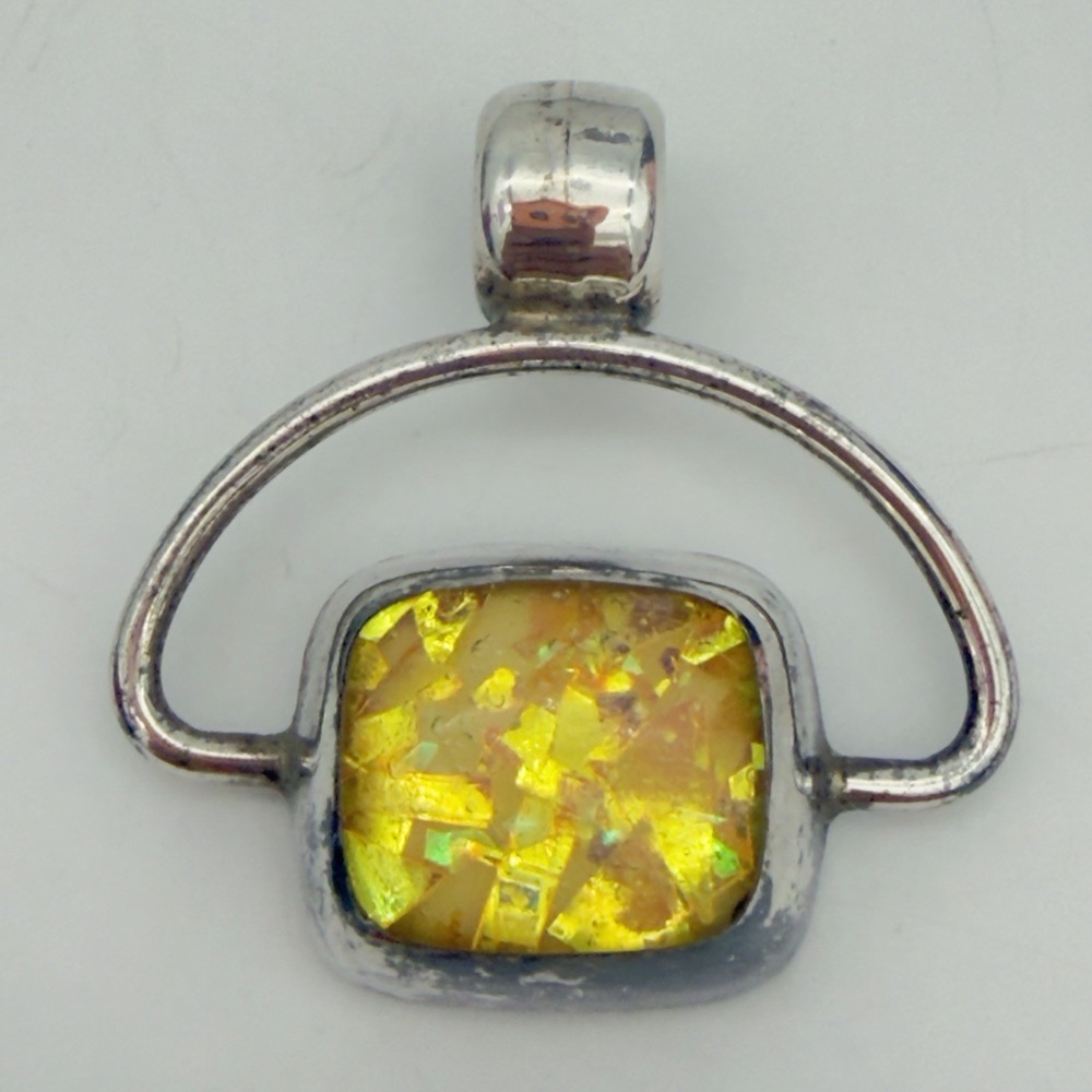 Vtg Taxco Mexico Sterling Foil Opal Pendant Heavy 15gr Modernist Yellow TS-18